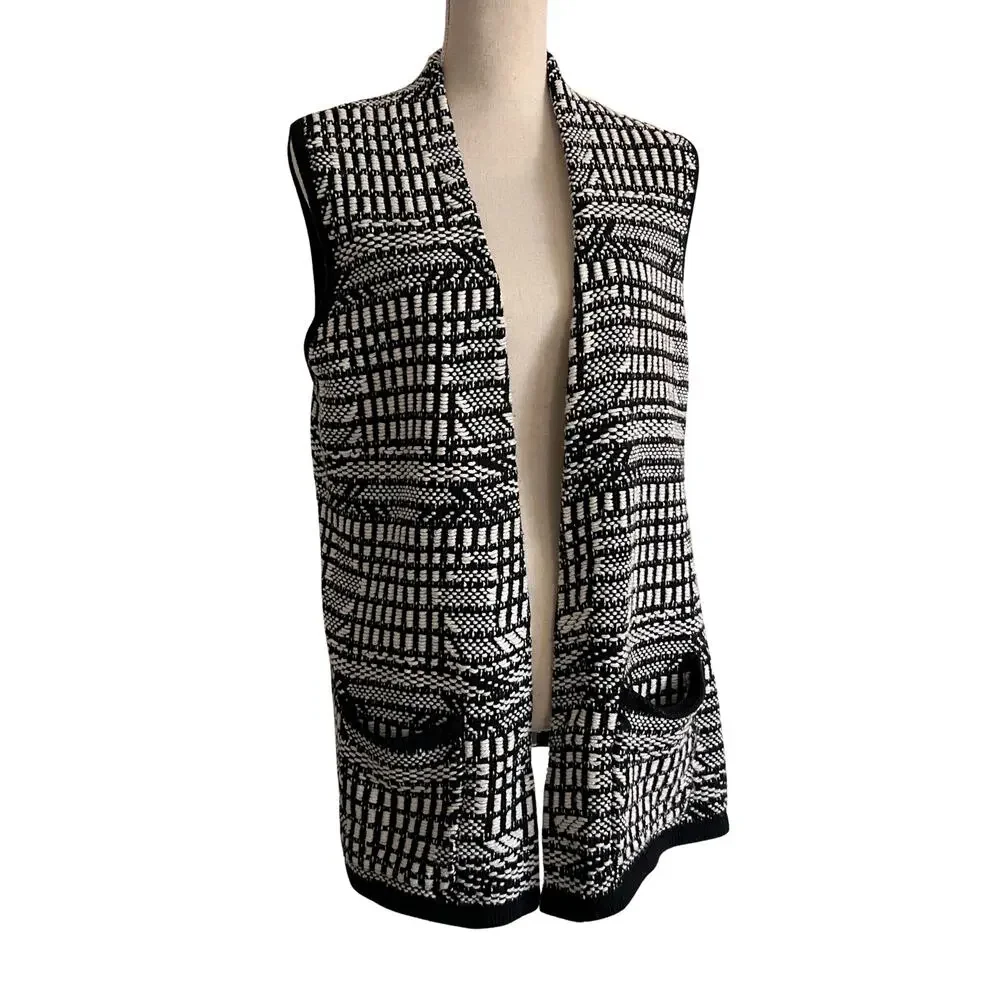 Anthropologie Angel of the North Knit Sweater‎ Vest Black White Open Front MP